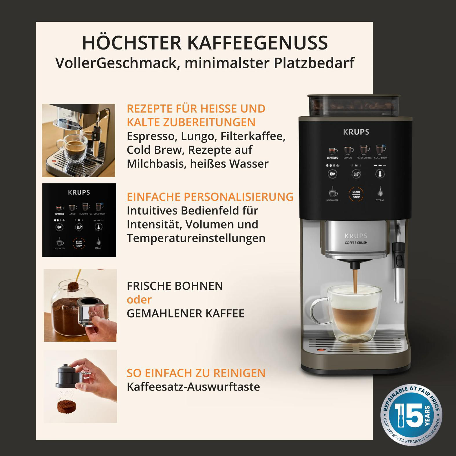 Krups Kaffeevollautomat mit Touchscreen und Glaskaraffe, brüht Espresso und mehr.