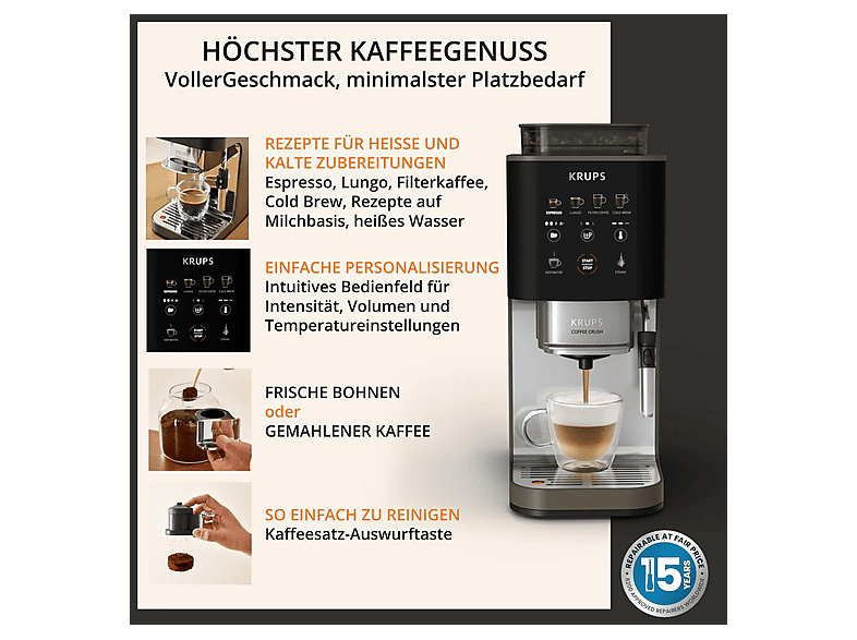 Krups SA 403B Coffee Crush Experience, Kaffeevollautomat (Lioness, Kegelmahlwerk aus Edelstahl, 15 bar, Dampfdüse) — Foto 5 von 5
