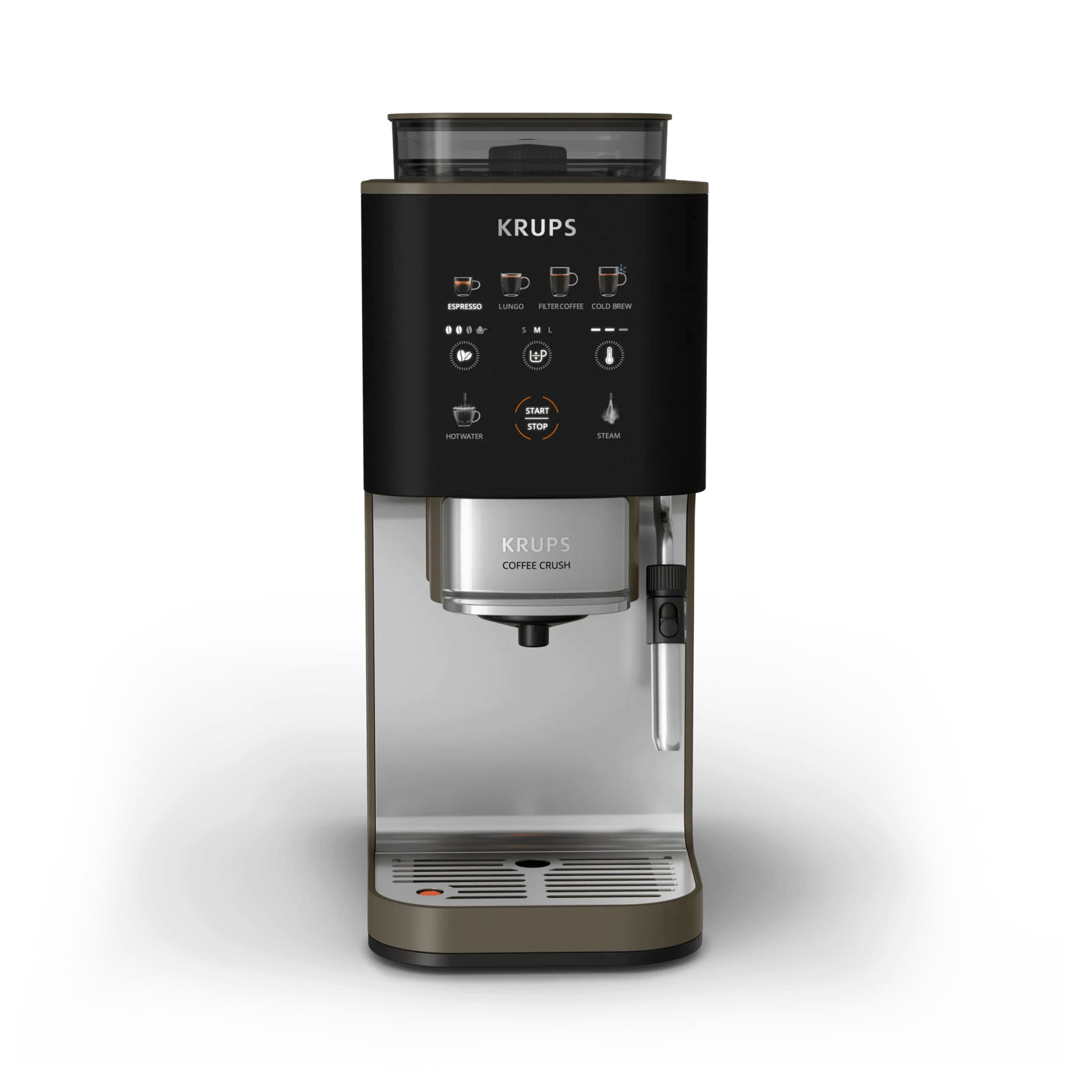 Eine schwarze und silberne Krups Kaffeemaschine mit Bedienelementen.