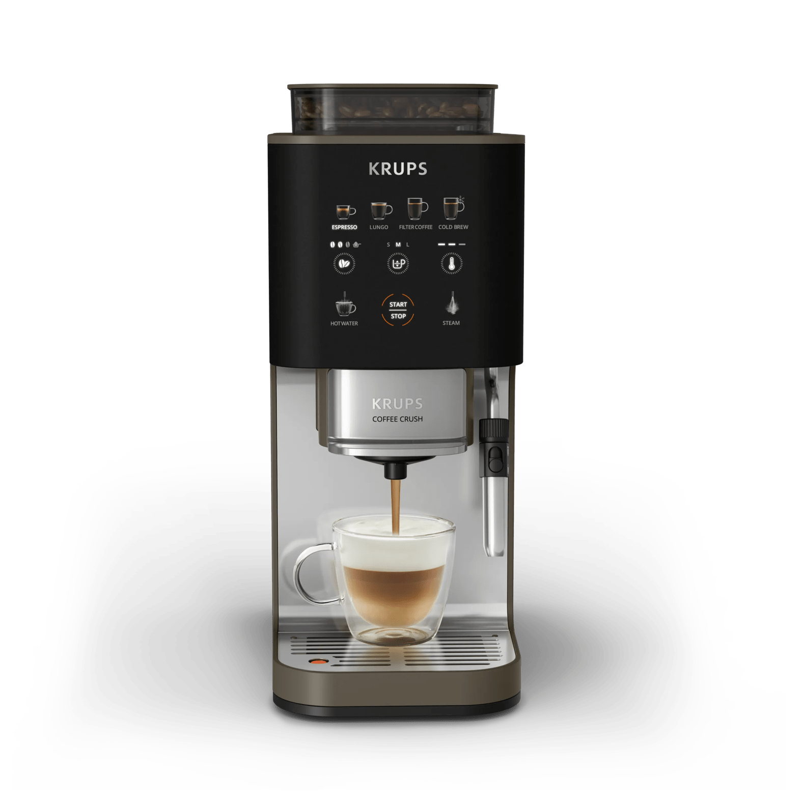 Krups Kaffeemaschine brüht Kaffee in ein Glas mit Schaum. Optionen für Espresso, Lungo, Filterkaffee, Kaltgetränk, Heißwasser, Dampf.