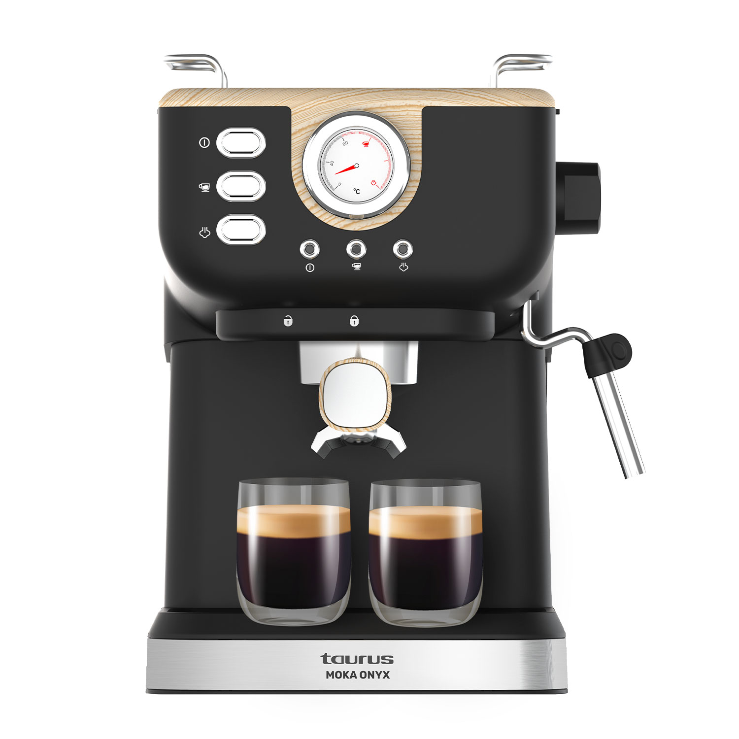 Una cafetera espresso negra con detalles en madera, dos vasos de espresso y un termómetro.