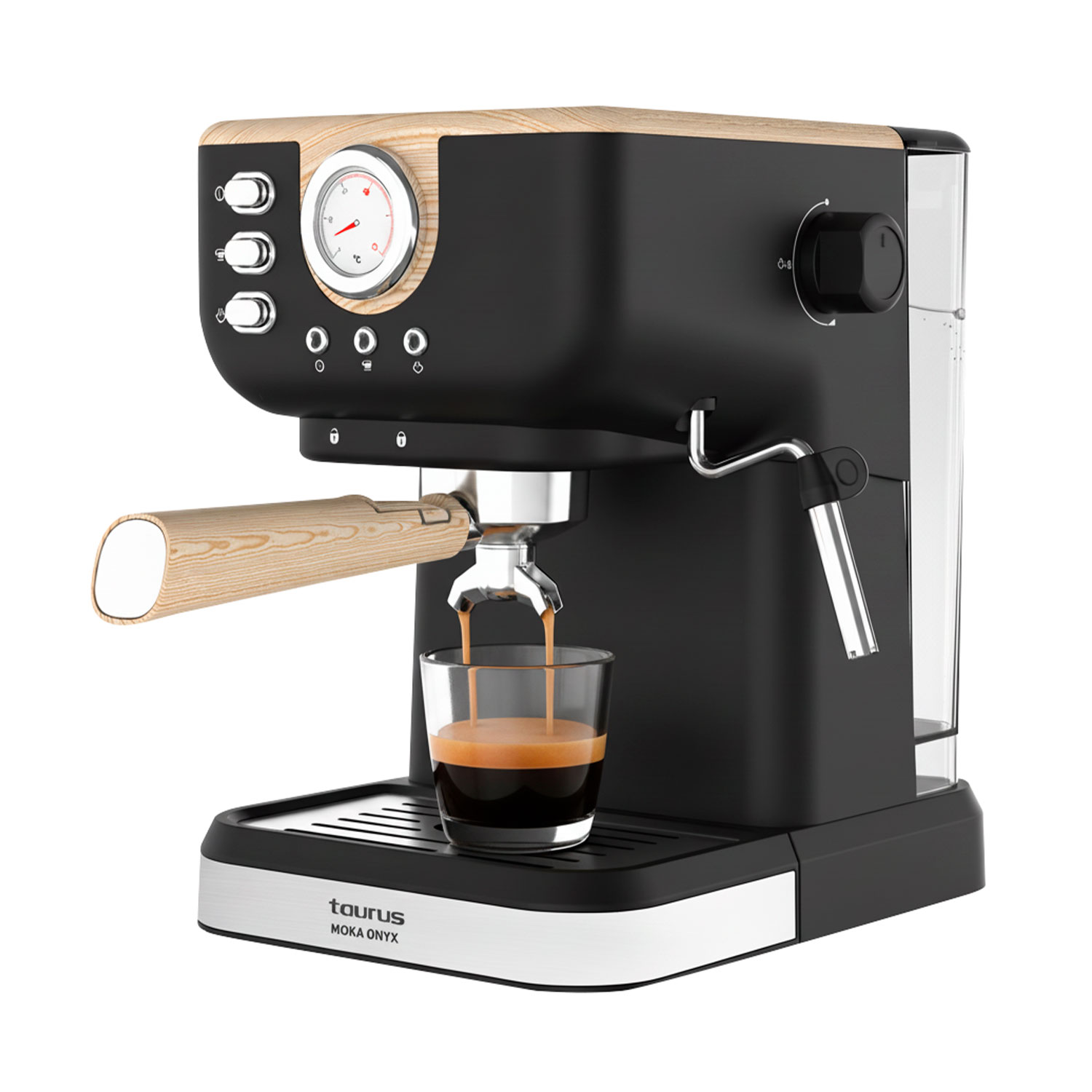 Una cafetera espresso negra con detalles de madera prepara café en un vaso.
