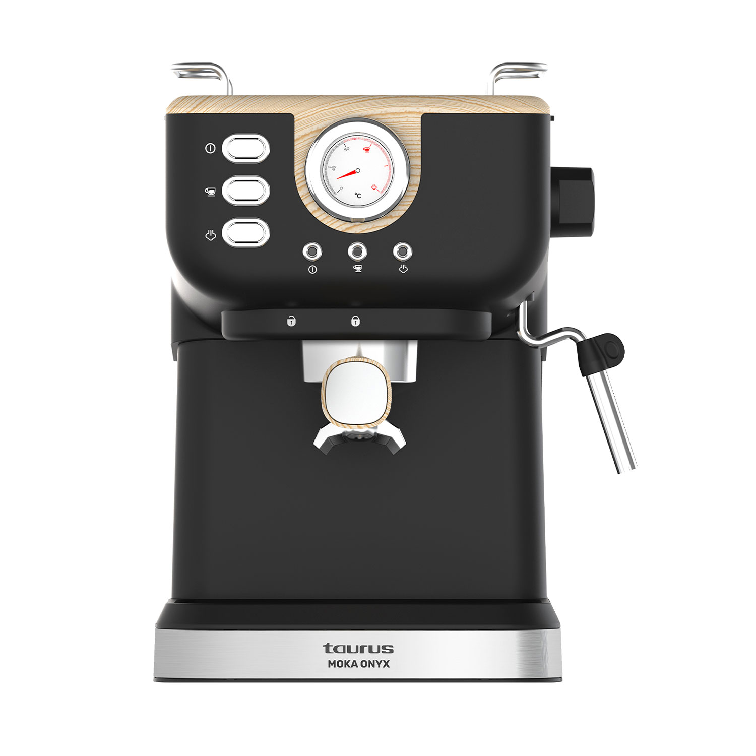 Cafetera espresso negra con detalles de madera, base plateada y manómetro.