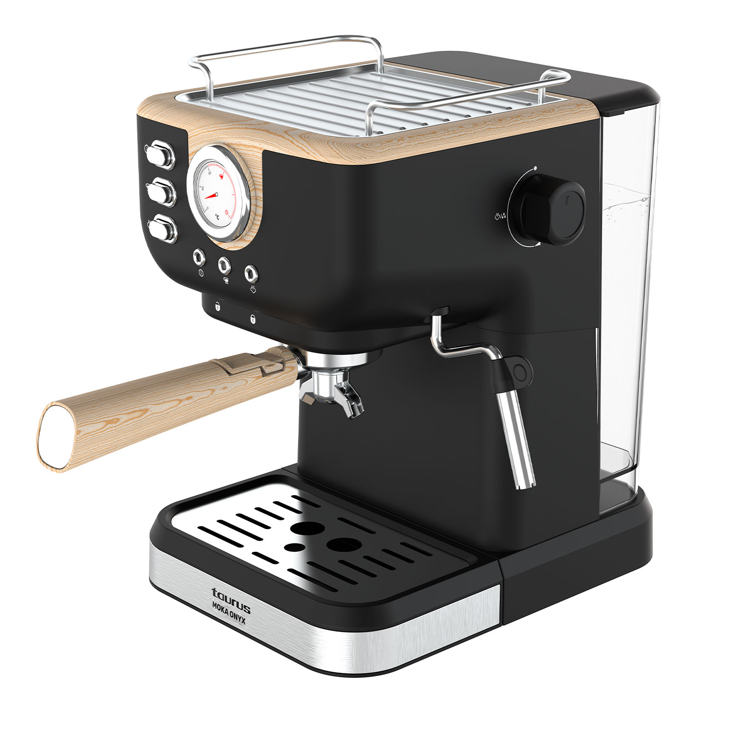 Cafetera espresso negra con detalles en madera, bandeja de goteo y depósito.