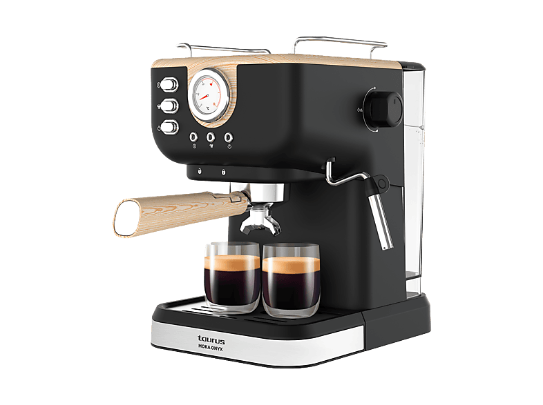 Cafetera express - Taurus Moka Onyx, 20 Bar, 1050 W, 1.5 l, Portacacillos tipo barista con 2 filtros, Depósito extraíble, Regulador de vapor, Negro