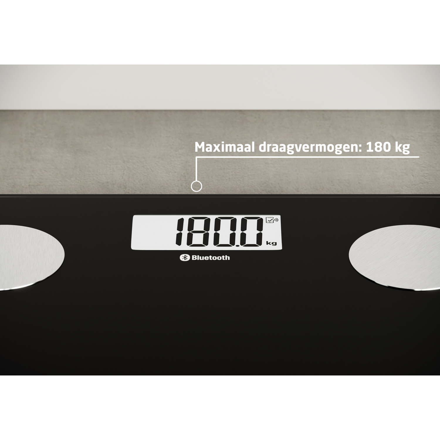 Zwarte digitale weegschaal toont 180,0 kg. Max. draagvermogen 180 kg.