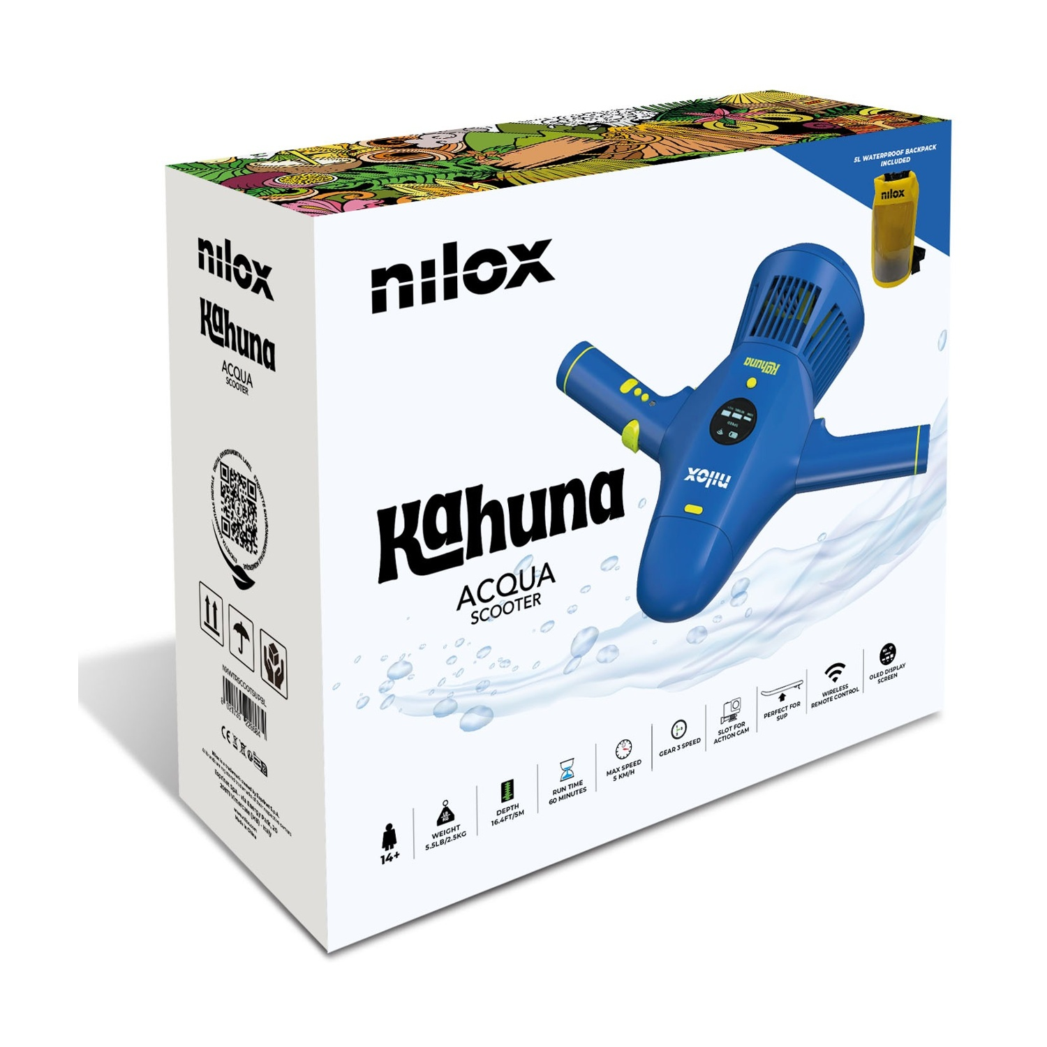 Scatola Nilox Kahuna Acqua Scooter con scooter subacqueo blu e accessori.