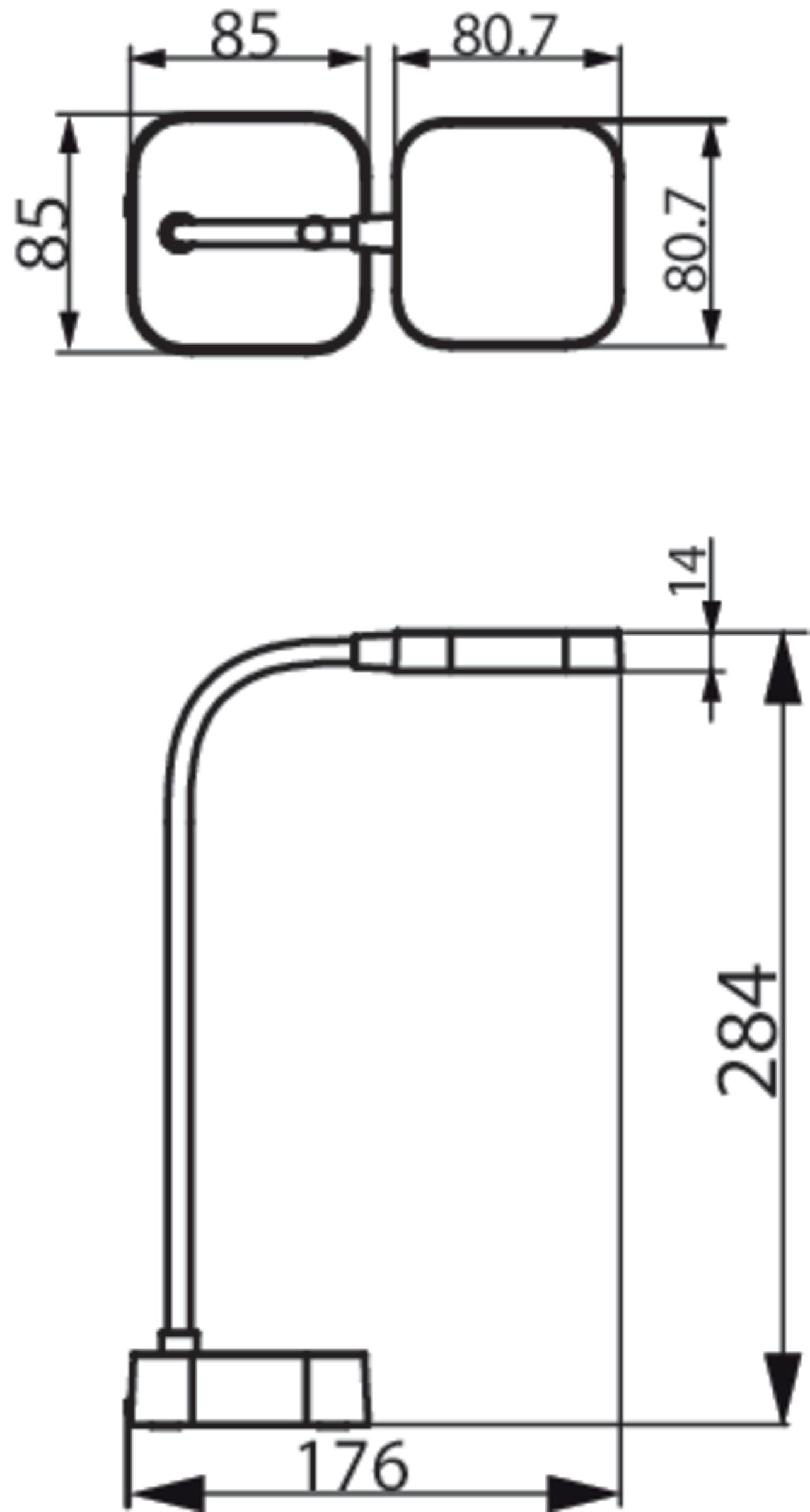 Technische Zeichnung einer Lampe mit Maßen.