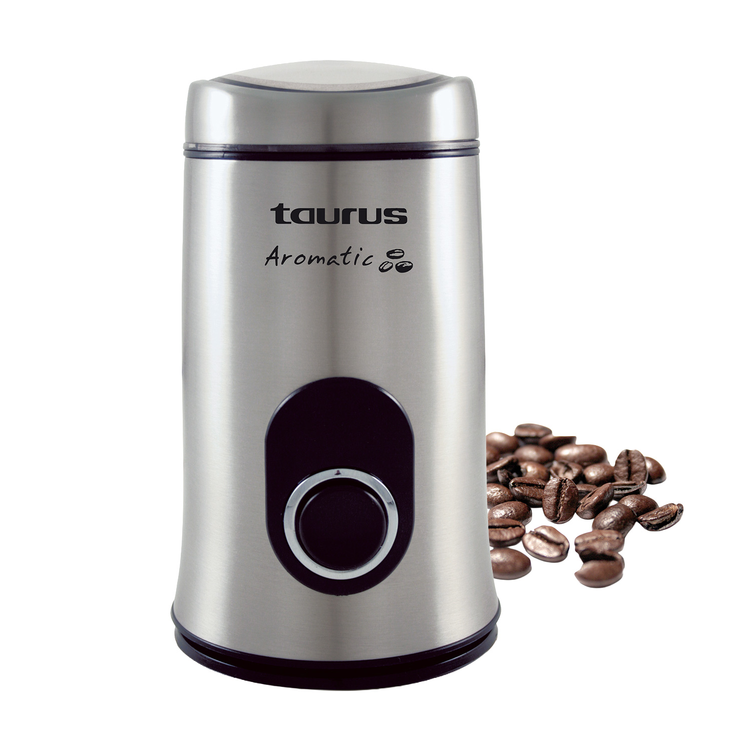 Molinillo de café plateado con logo Taurus y granos de café al lado.