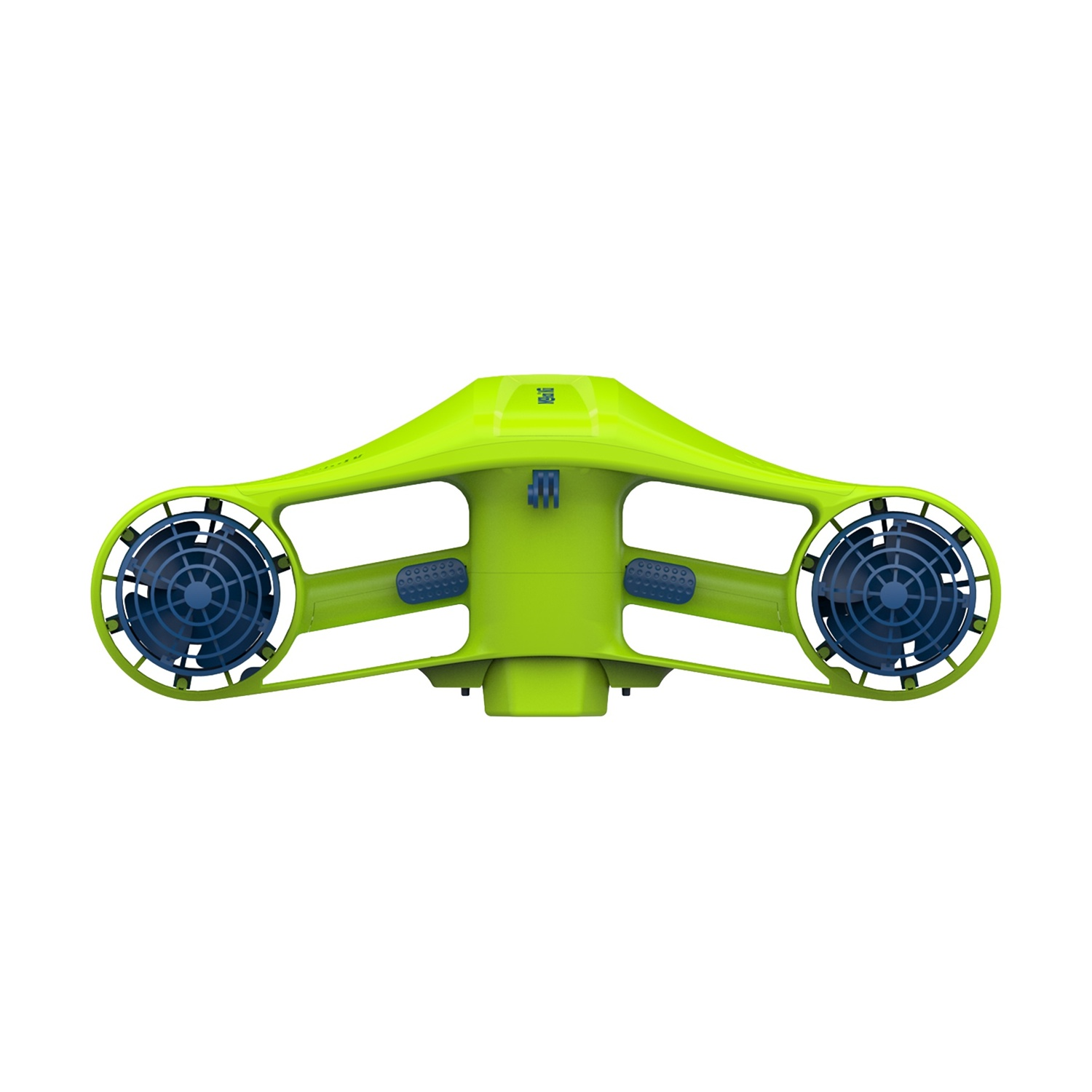 Scooter subacqueo verde con due eliche e supporti.
