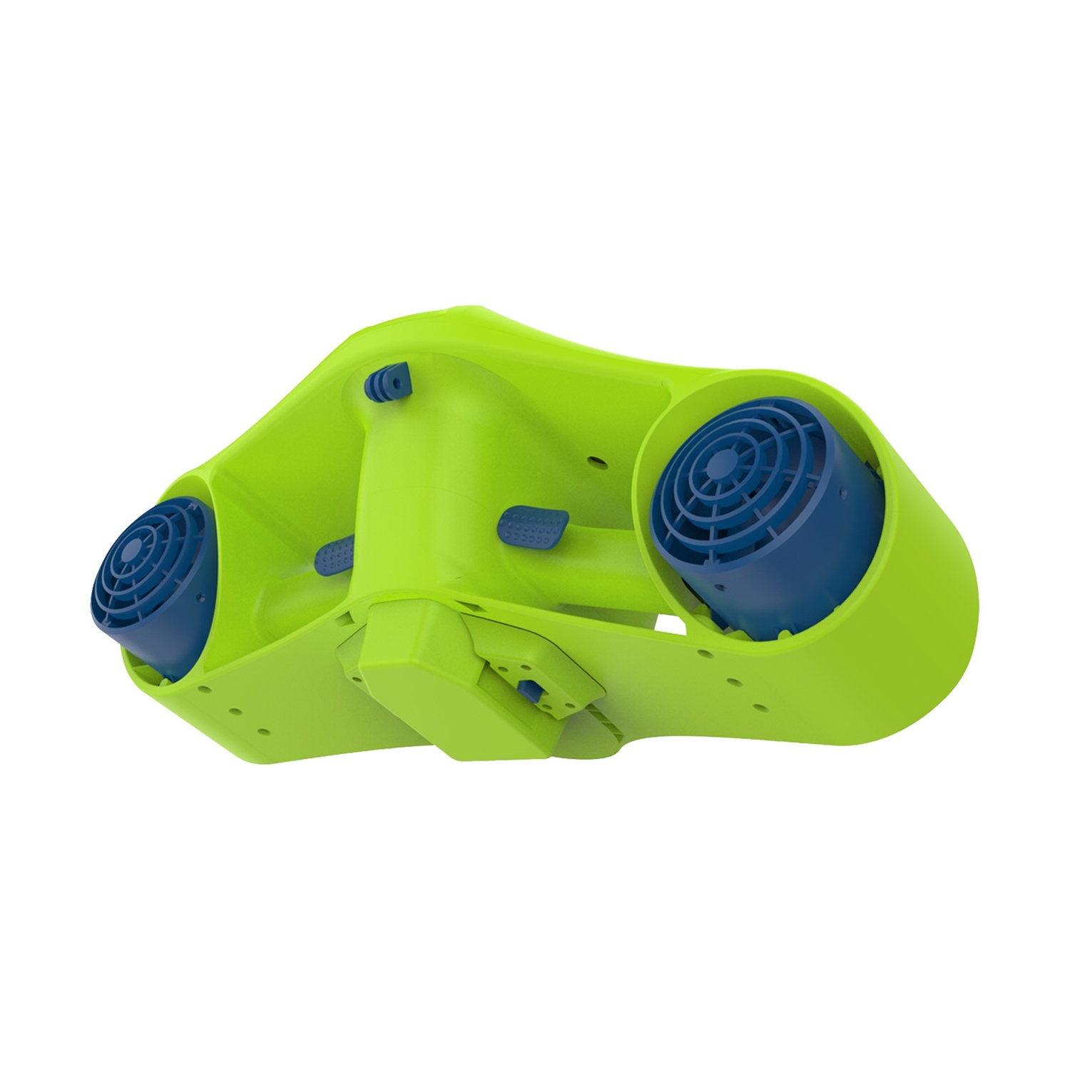 Uno scooter subacqueo verde brillante con eliche blu, su sfondo bianco.
