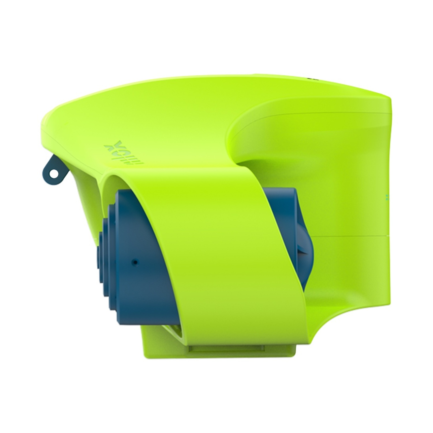 Un dispositivo verde neon con cilindri blu su sfondo bianco.