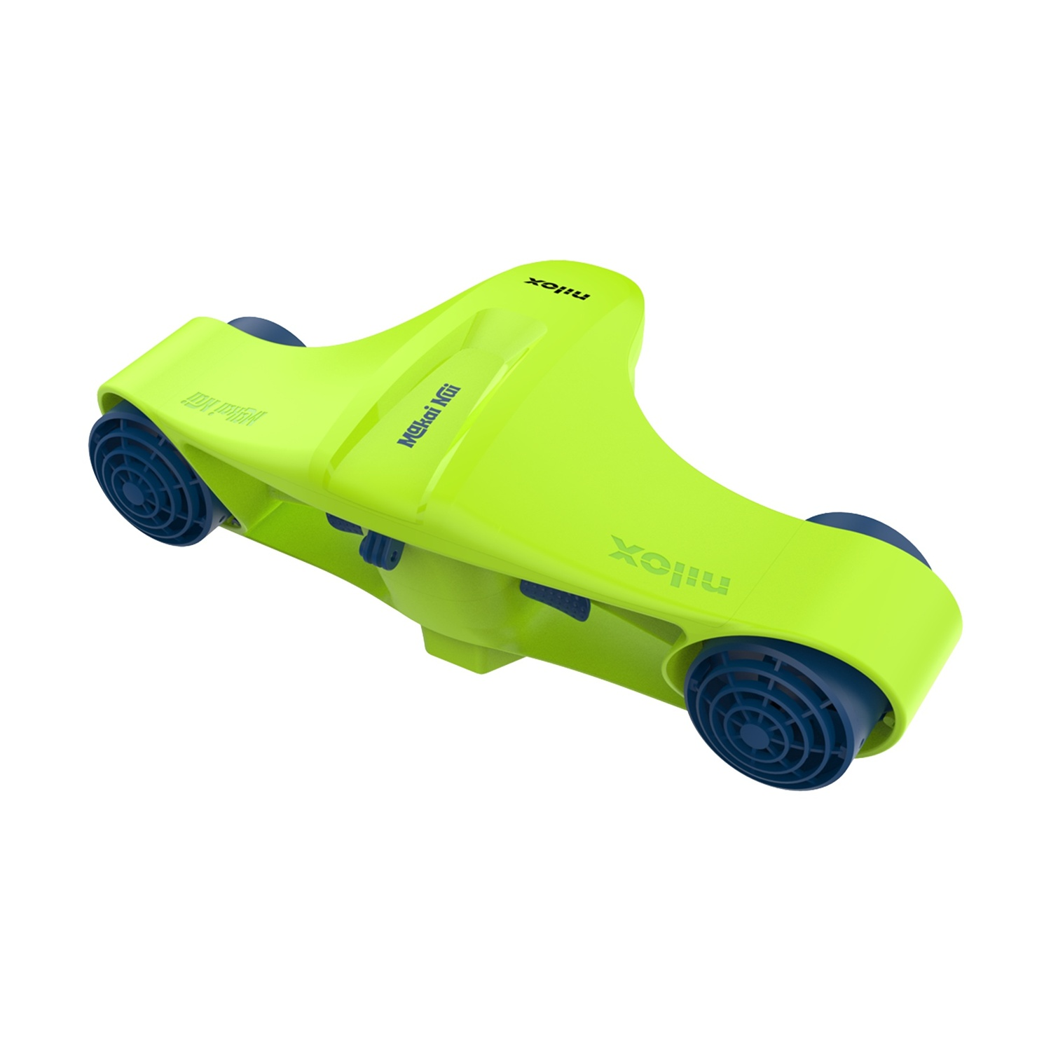 Uno scooter verde brillante con ruote blu e l'iscrizione "Makai Nui".