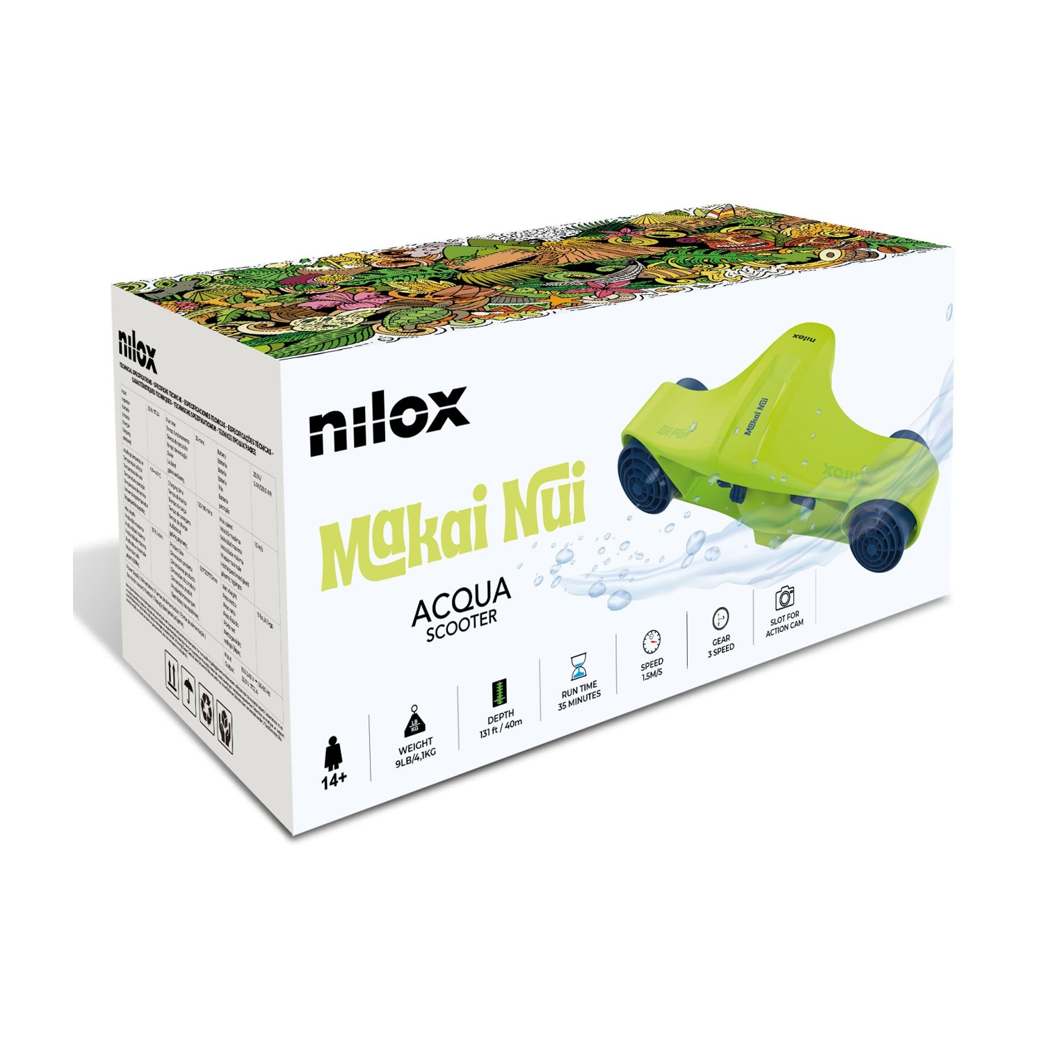 Scooter acquatico Nilox Makai Nui verde su scatola bianca con adesivi.