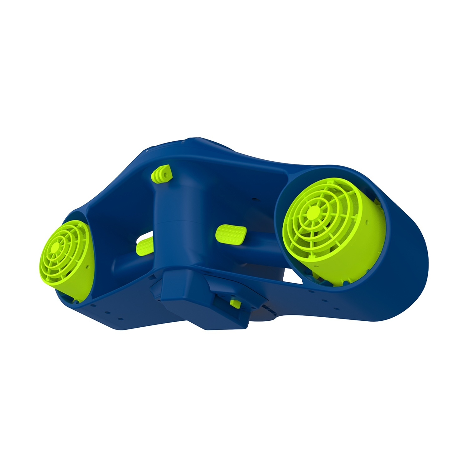 Drone blu scuro con ventole e maniglie verde brillante su sfondo bianco.
