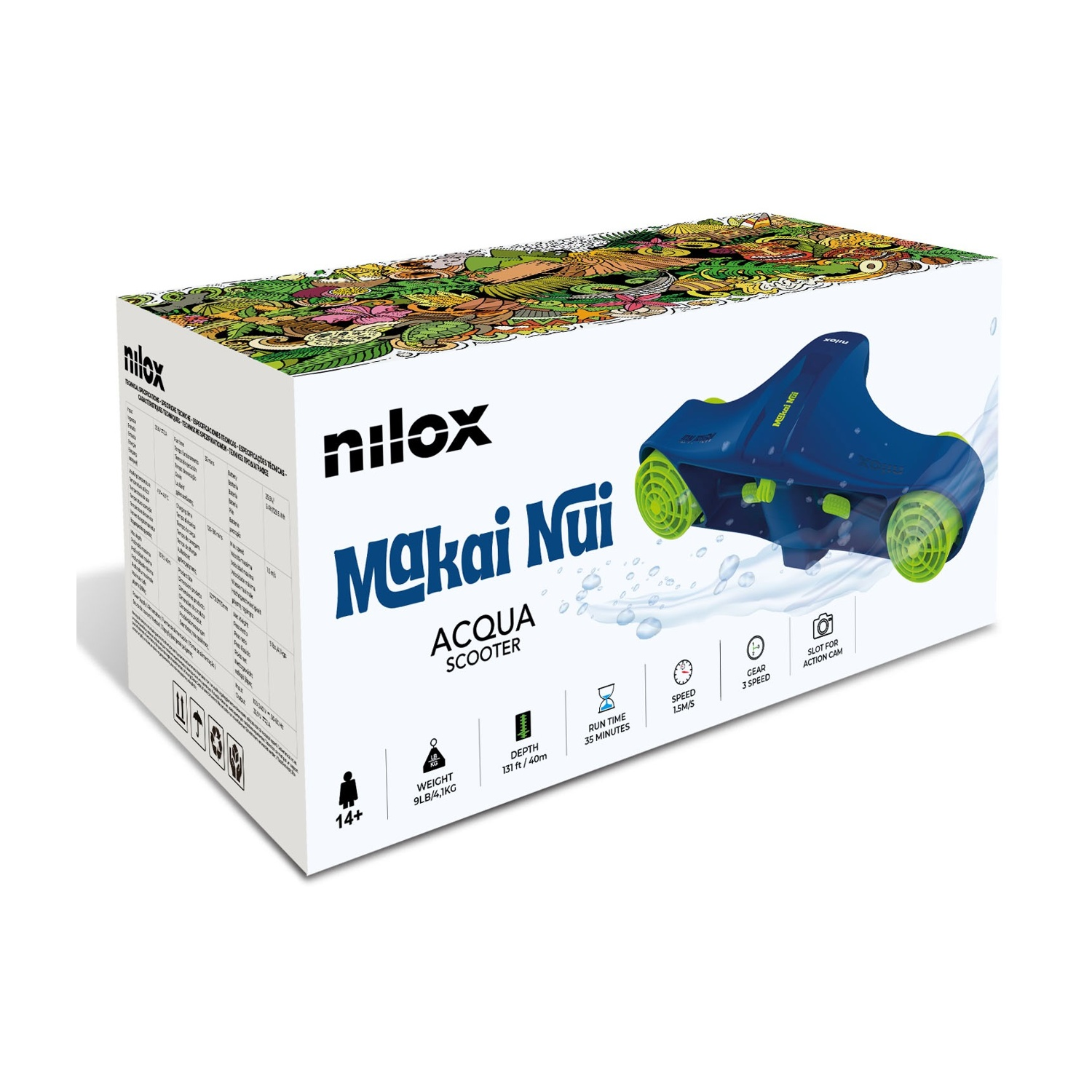 Confezione scooter subacqueo Nilox Makai Nui con specifiche e immagini.