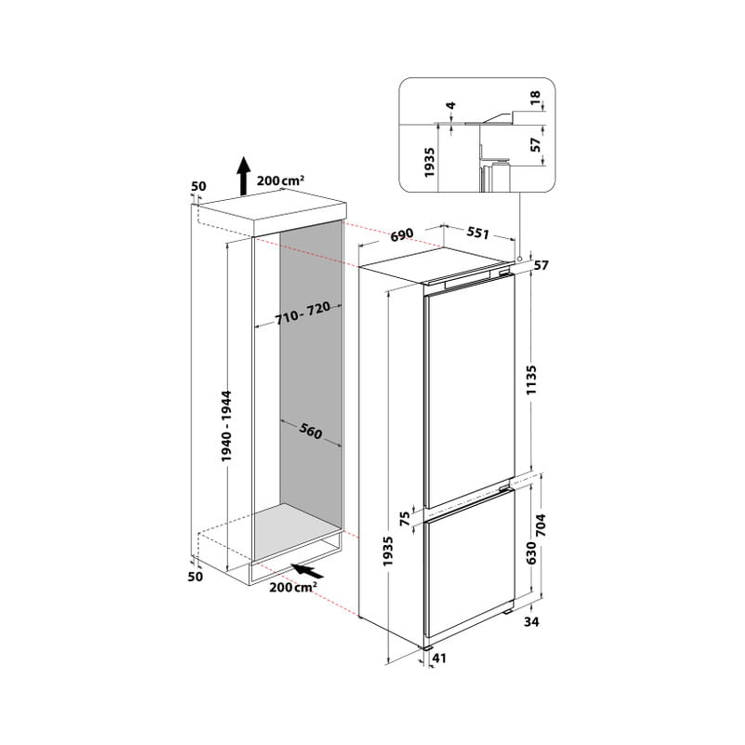 Disegno tecnico di un frigorifero con dimensioni e dettagli di ventilazione.