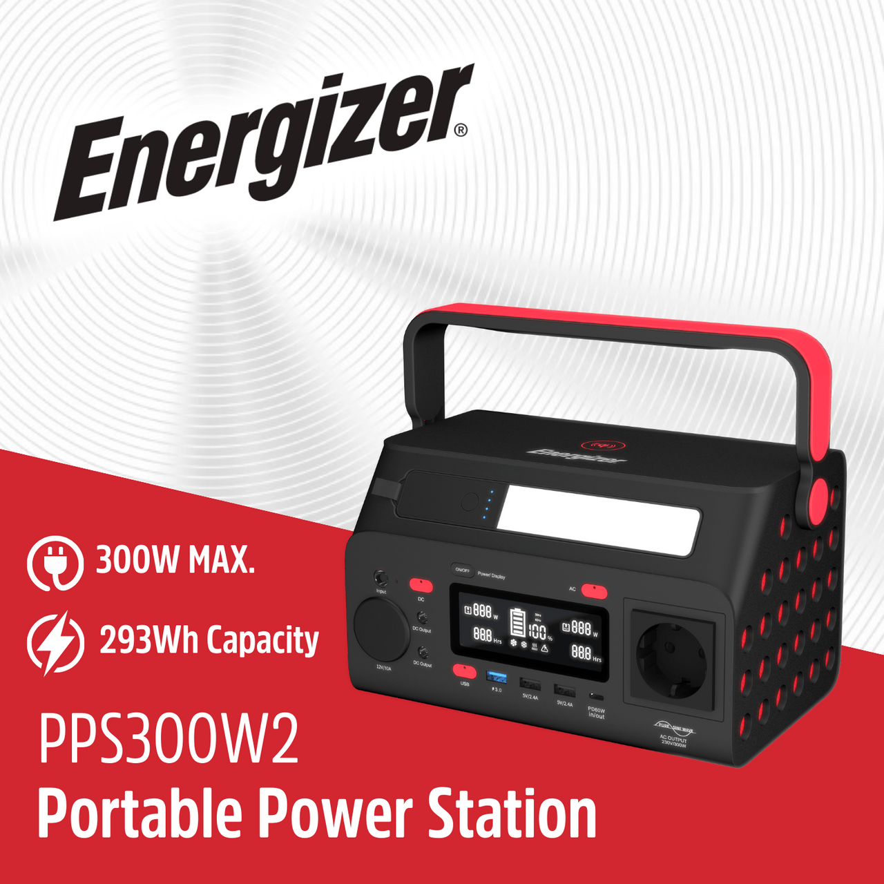 Fekete Energizer hordozható erőmű piros fogantyúval, max. 300W.