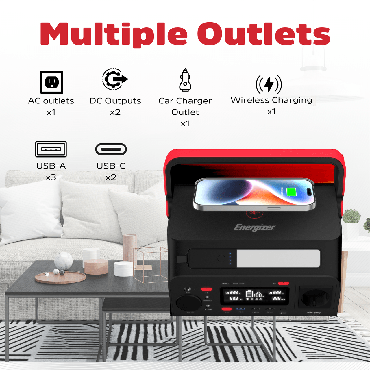 Energizer power station több kimenettel: AC, DC, USB-A, USB-C, vezeték nélküli töltés.