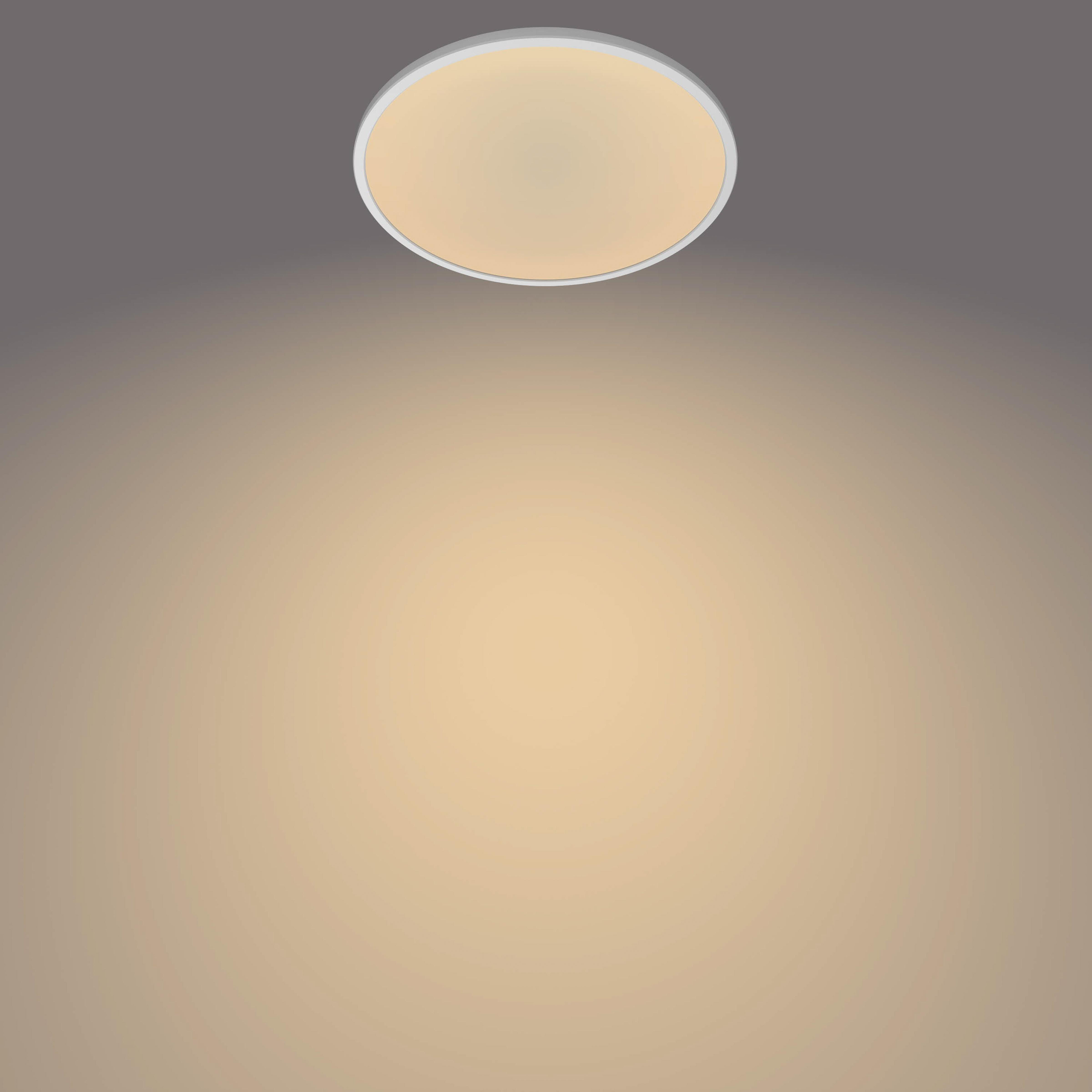 Eine runde Deckenleuchte mit warmem Licht auf einem grauen Hintergrund.