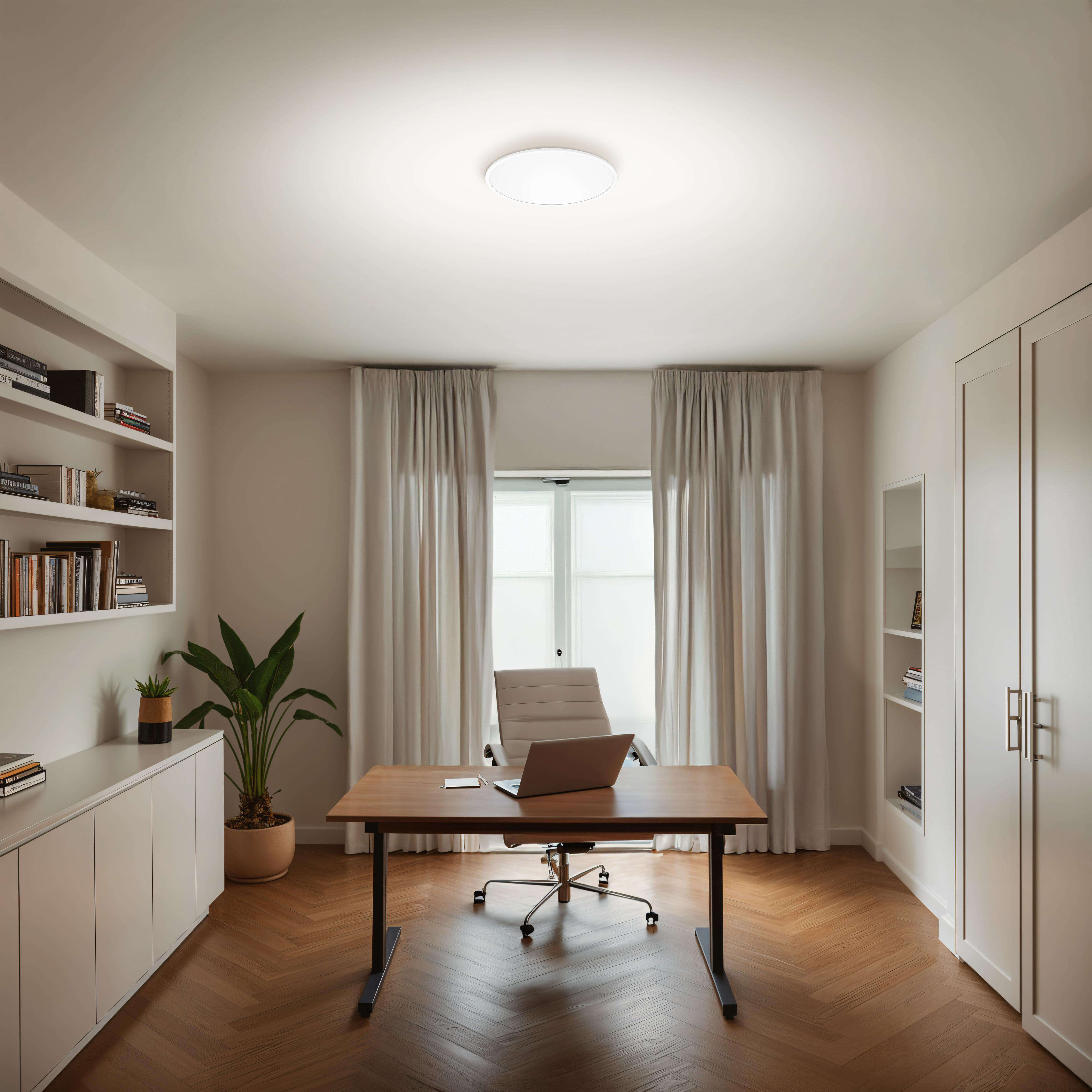 Ein helles Büro mit einem Holztisch, Laptop, Stuhl, Pflanzen und Bücherregalen.