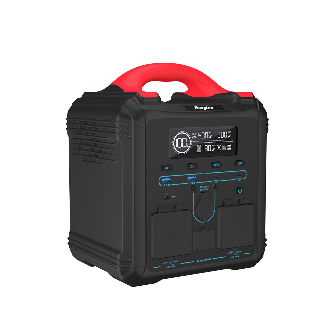 Fekete Energizer erőmű piros fogantyúval, digitális kijelzővel, AC/DC/USB portokkal.