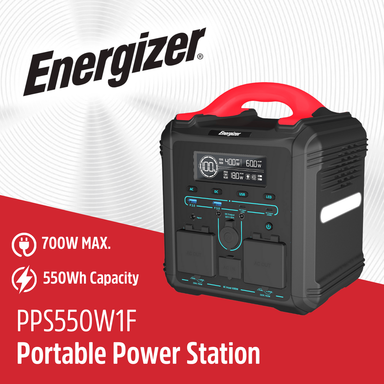 Energizer PPS550W1F hordozható erőmű, 700W max., 550Wh kapacitás.