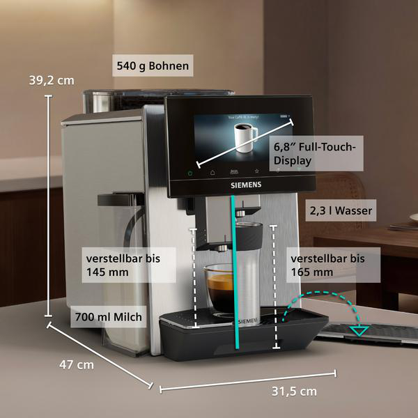 Siemens Kaffeevollautomat mit Touch-Display, 540g Bohnenkapazität, 2,3L Wassertank.
