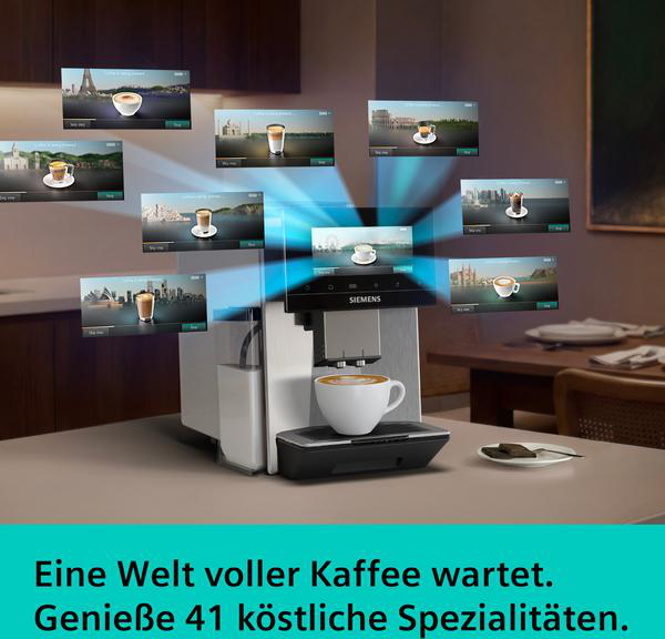 Kaffeemaschine mit Bildschirmanzeige von Kaffeesorten und Weltstädten.