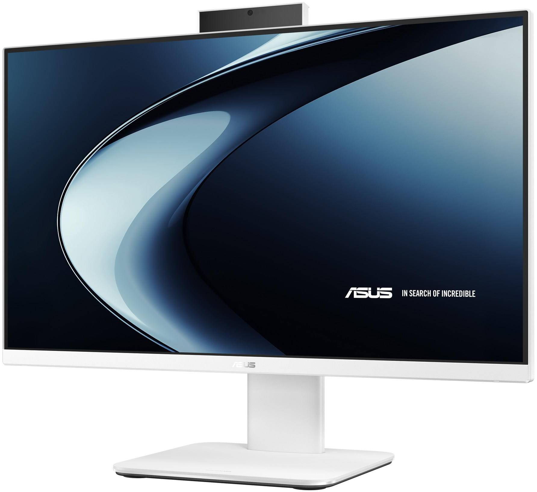 Egy fehér Asus monitor, absztrakt kék háttérrel és webkamerával.