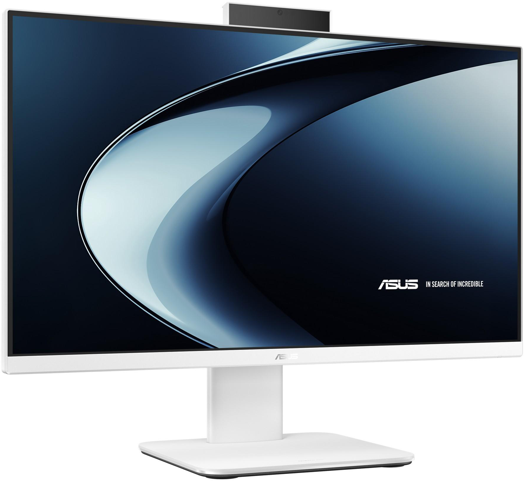 Egy fehér ASUS monitor absztrakt kék dizájnnal és kamerával.