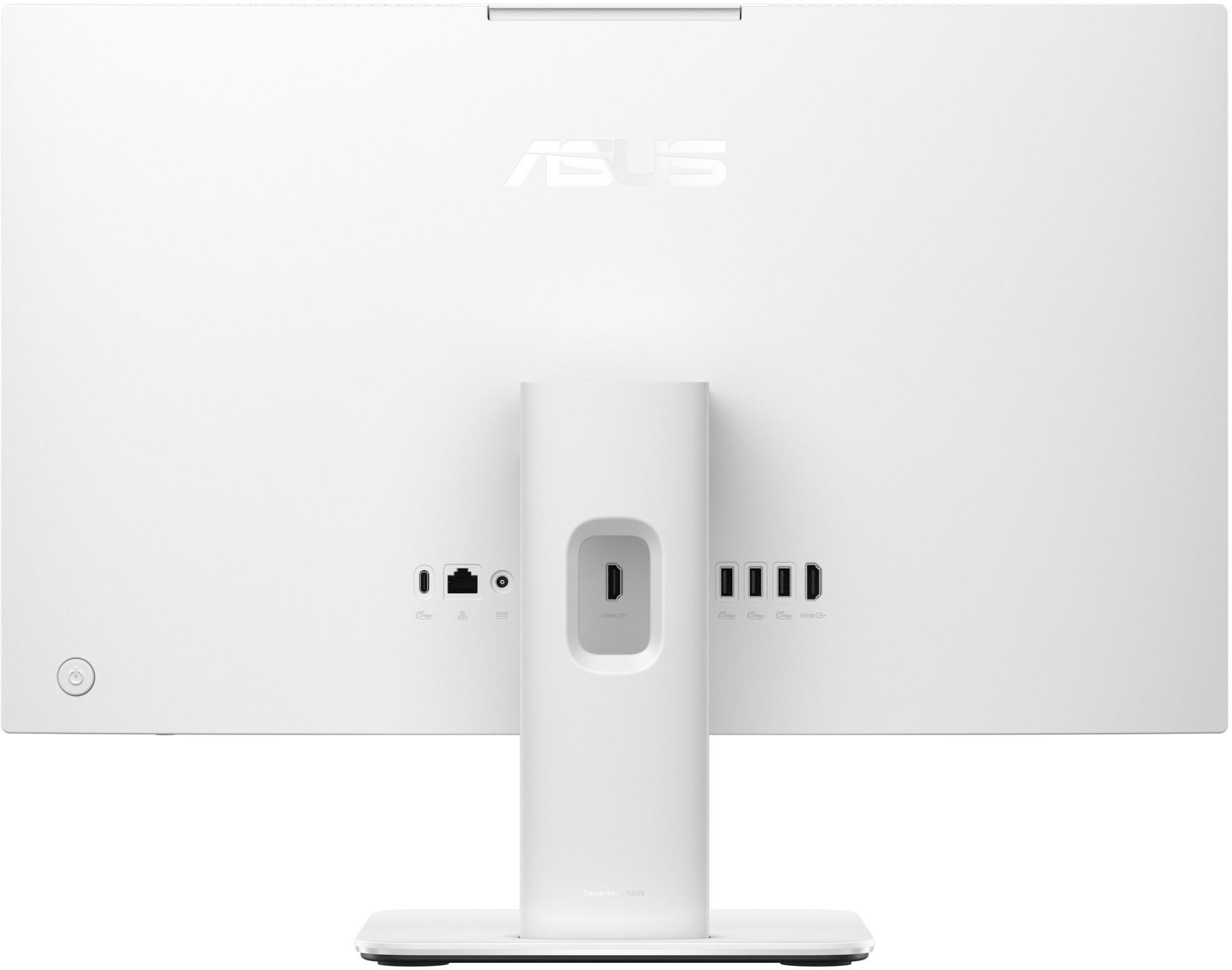 Fehér számítógép hátulja portokkal és Asus logóval.