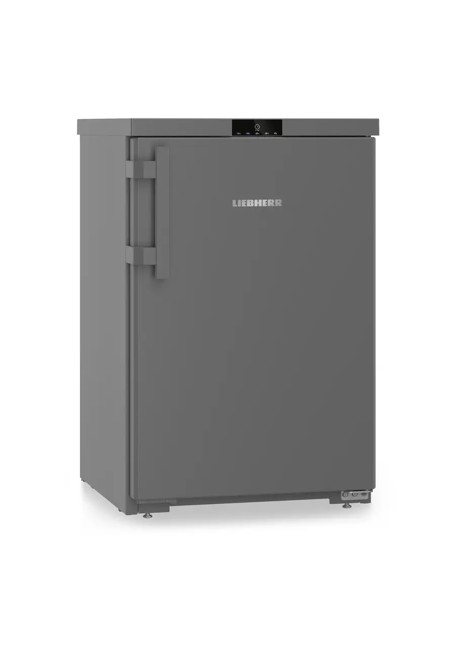 Egy szürke Liebherr fagyasztó ezüst fogantyúval és digitális kijelzővel.