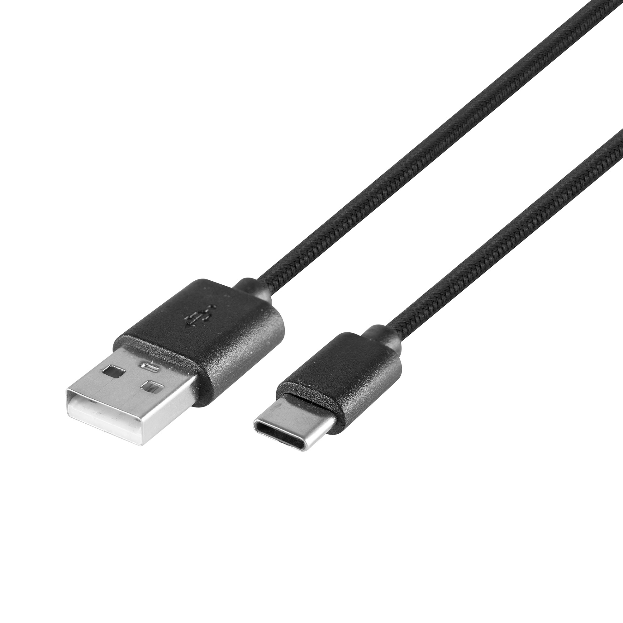Fekete USB-A - USB-C kábel fonott köpennyel és fém csatlakozókkal.