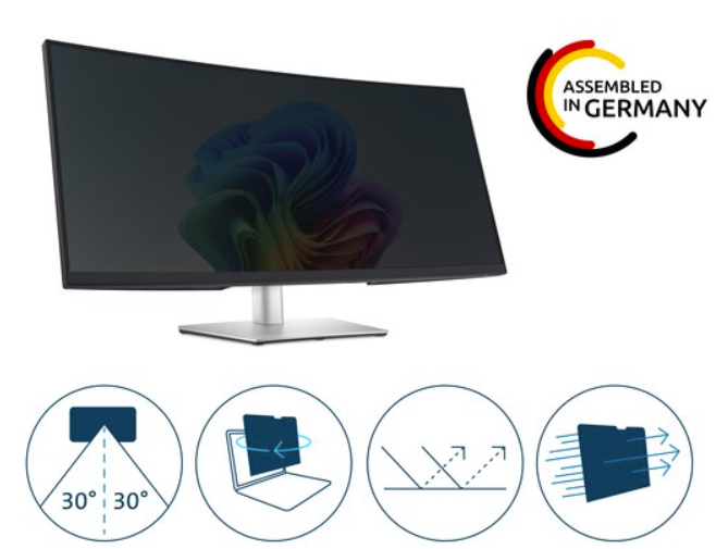 Monitor mit Sichtschutzfolie und Icons für 30° Sichtwinkel, drehbar, Blendung, Luftstrom.