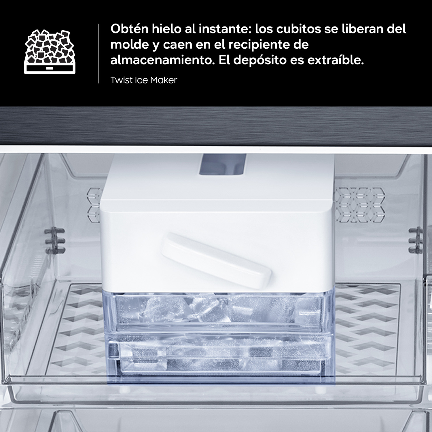 Obtén hielo al instante: los cubitos se liberan del molde y caen en el recipiente de almacenamiento. El depósito es extraíble. Twist Ice Maker