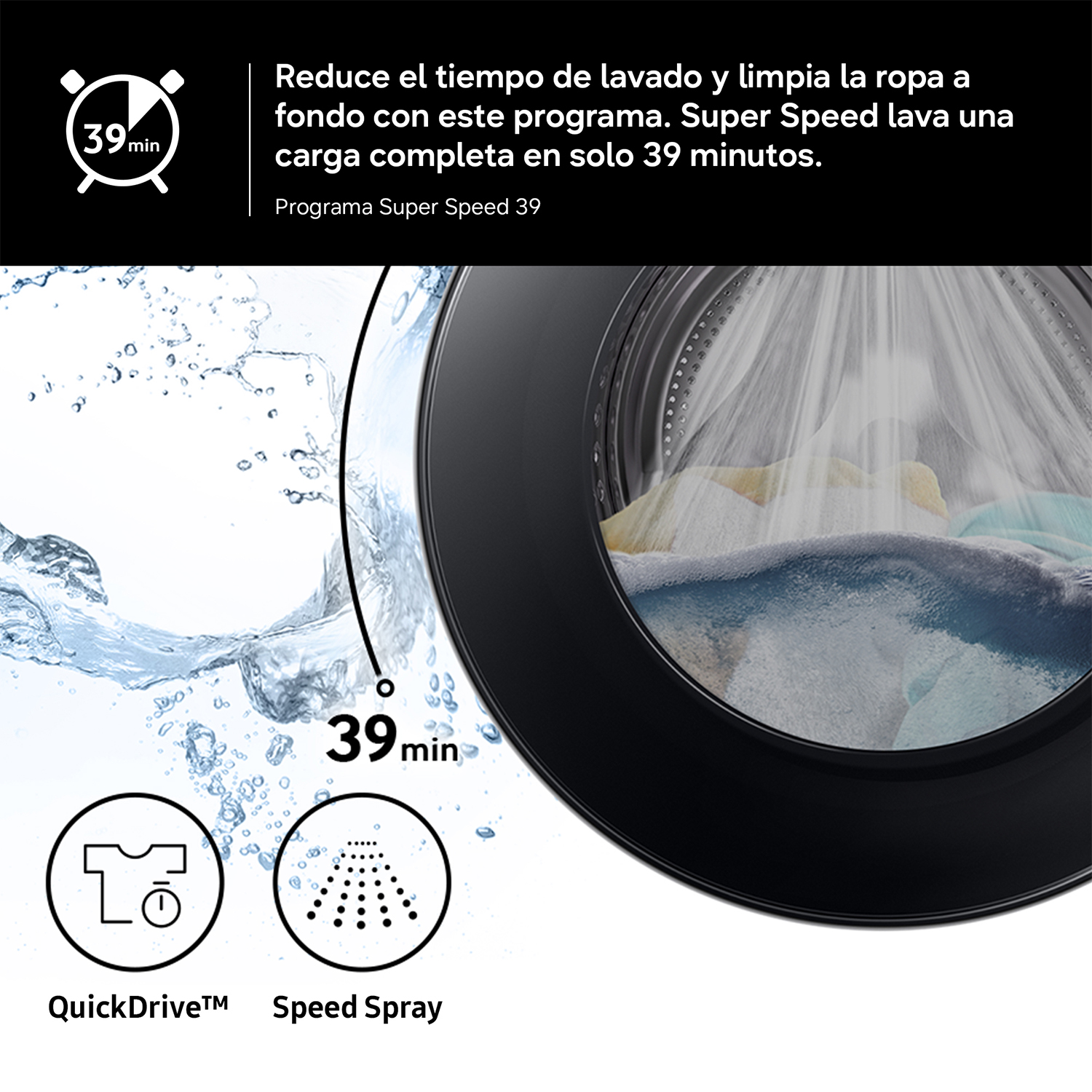 Reduce el tiempo de lavado y limpia la ropa a fondo con este programa. Super Speed lava una carga completa en solo 39 minutos. Programa Super Speed 39