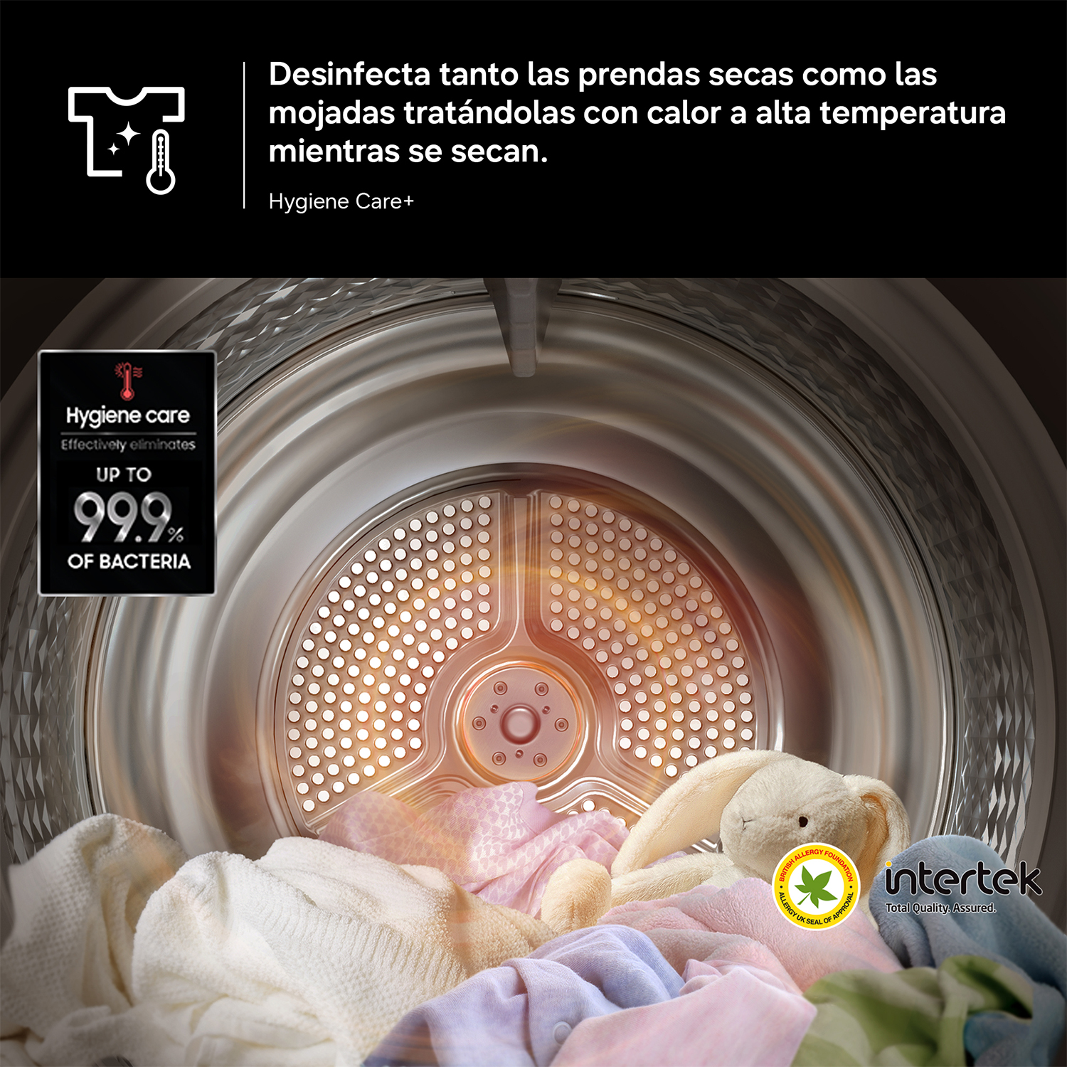 Desinfecta tanto las prendas secas como las mojadas tratándolas con calor a alta temperatura mientras se secan. Hygiene Care+