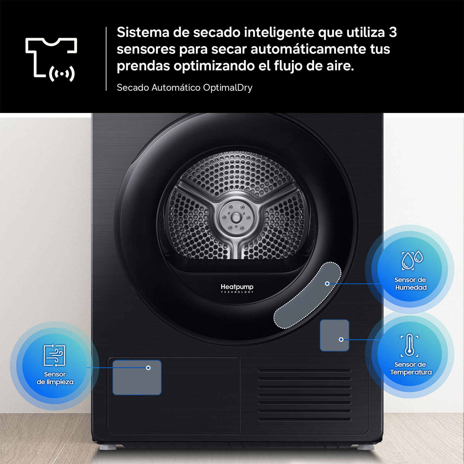 Sistema de secado inteligente que utiliza 3 sensores para secar automáticamente tus prendas optimizando el flujo de aire. Secado Automático OptimalDry