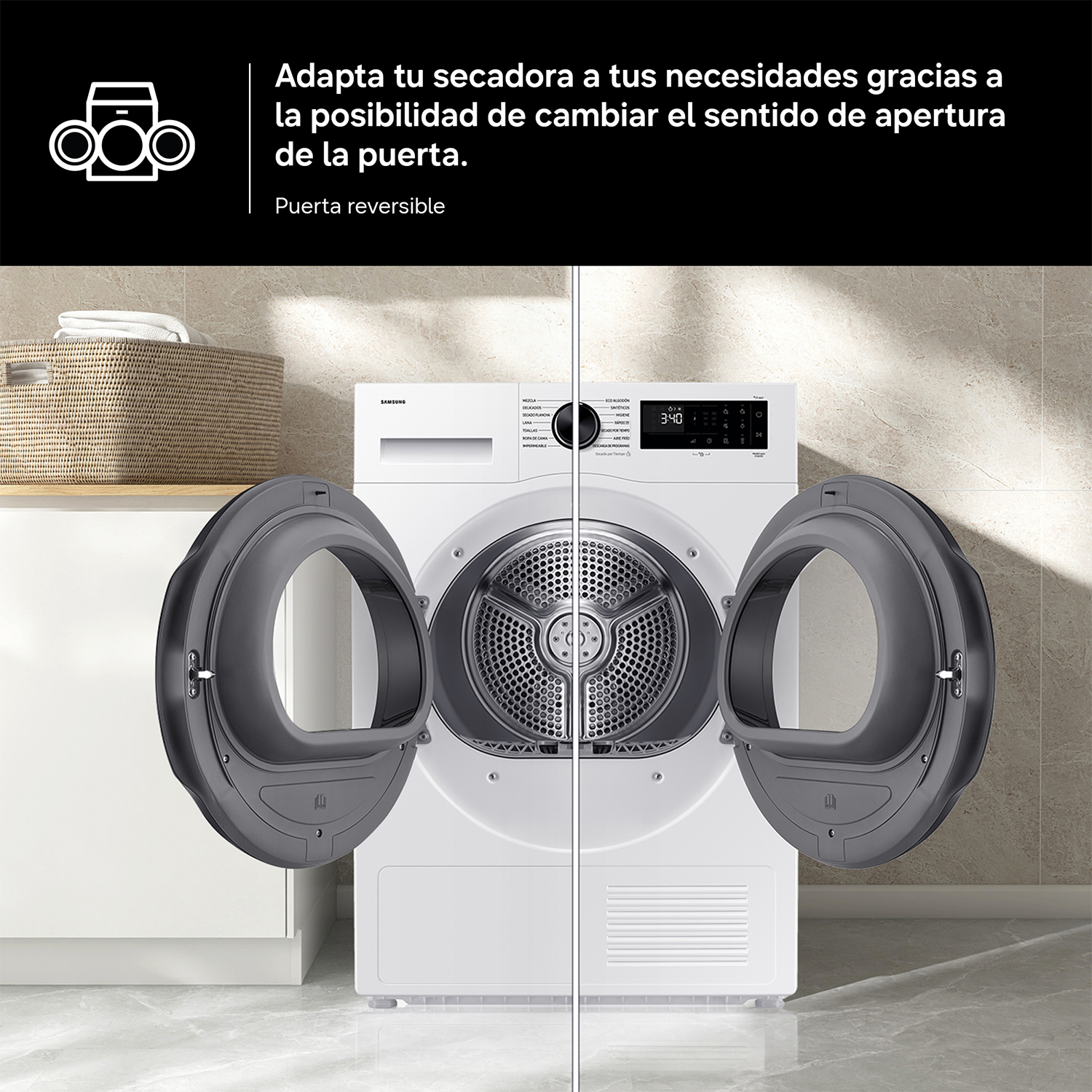 Adapta tu secadora a tus necesidades gracias a la posibilidad de cambiar el sentido de apertura de la puerta. Puerta reversible