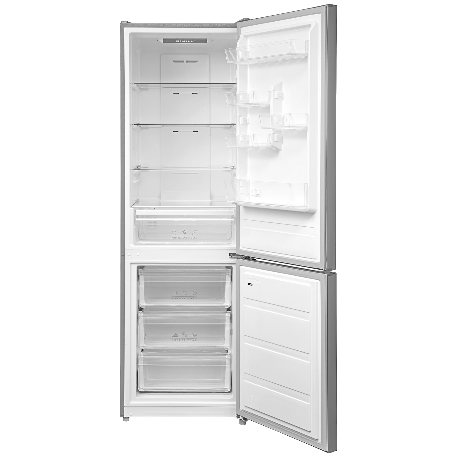 An open, empty refrigerator with multiple shelves and drawers.