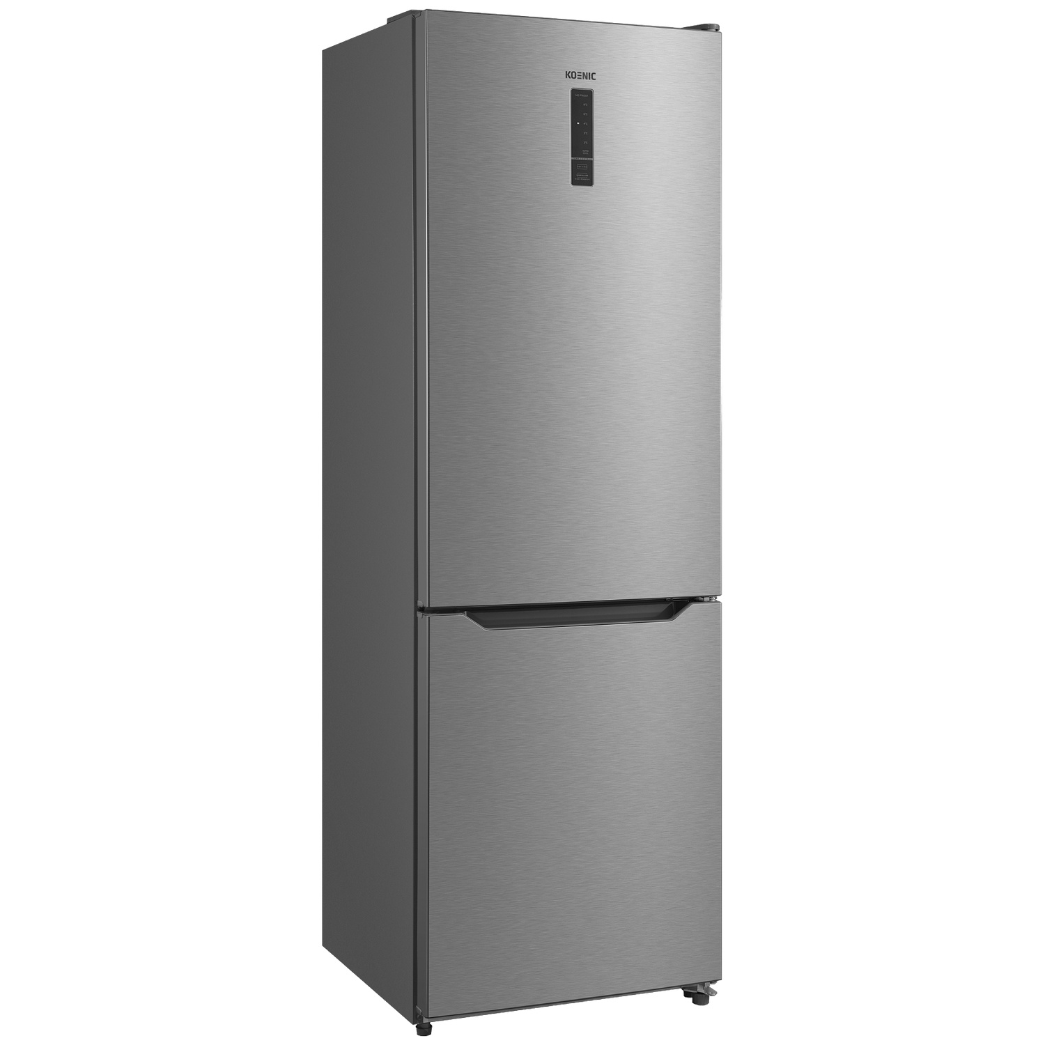 A silver refrigerator with a freezer compartment on top. Has a touchscreen.