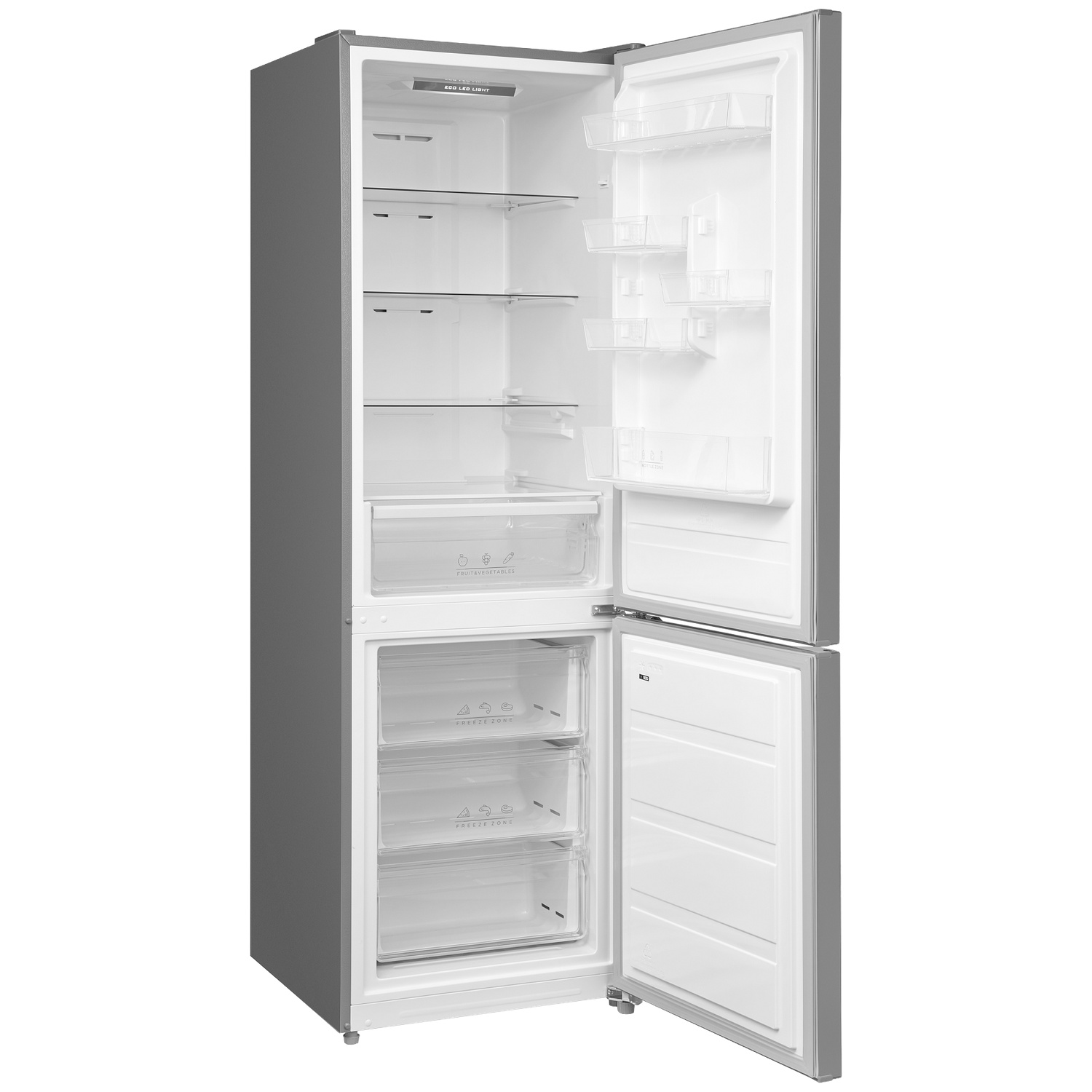 An open gray refrigerator with multiple glass shelves and drawers inside.