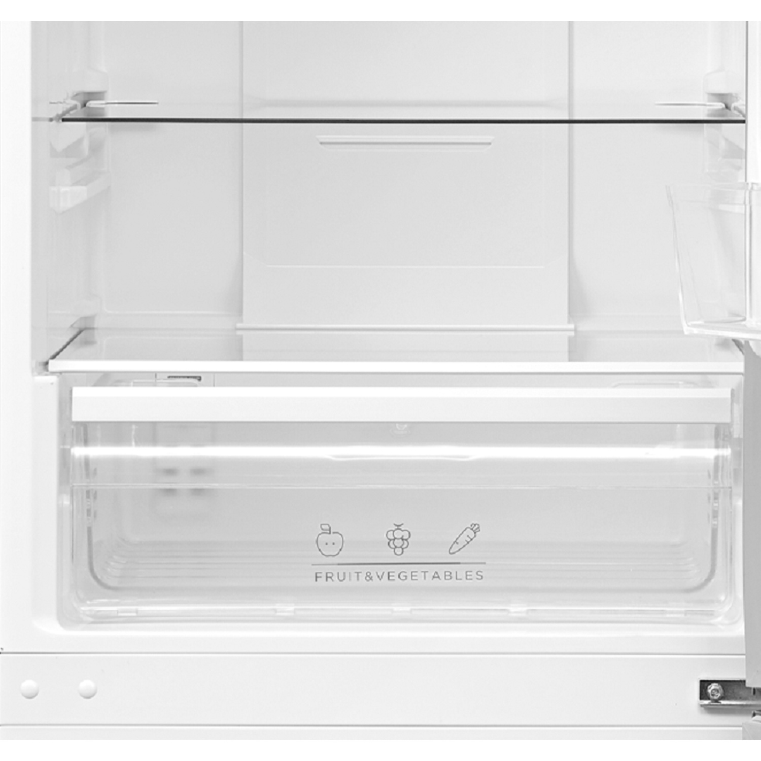 An empty refrigerator with a fruit and vegetable drawer.