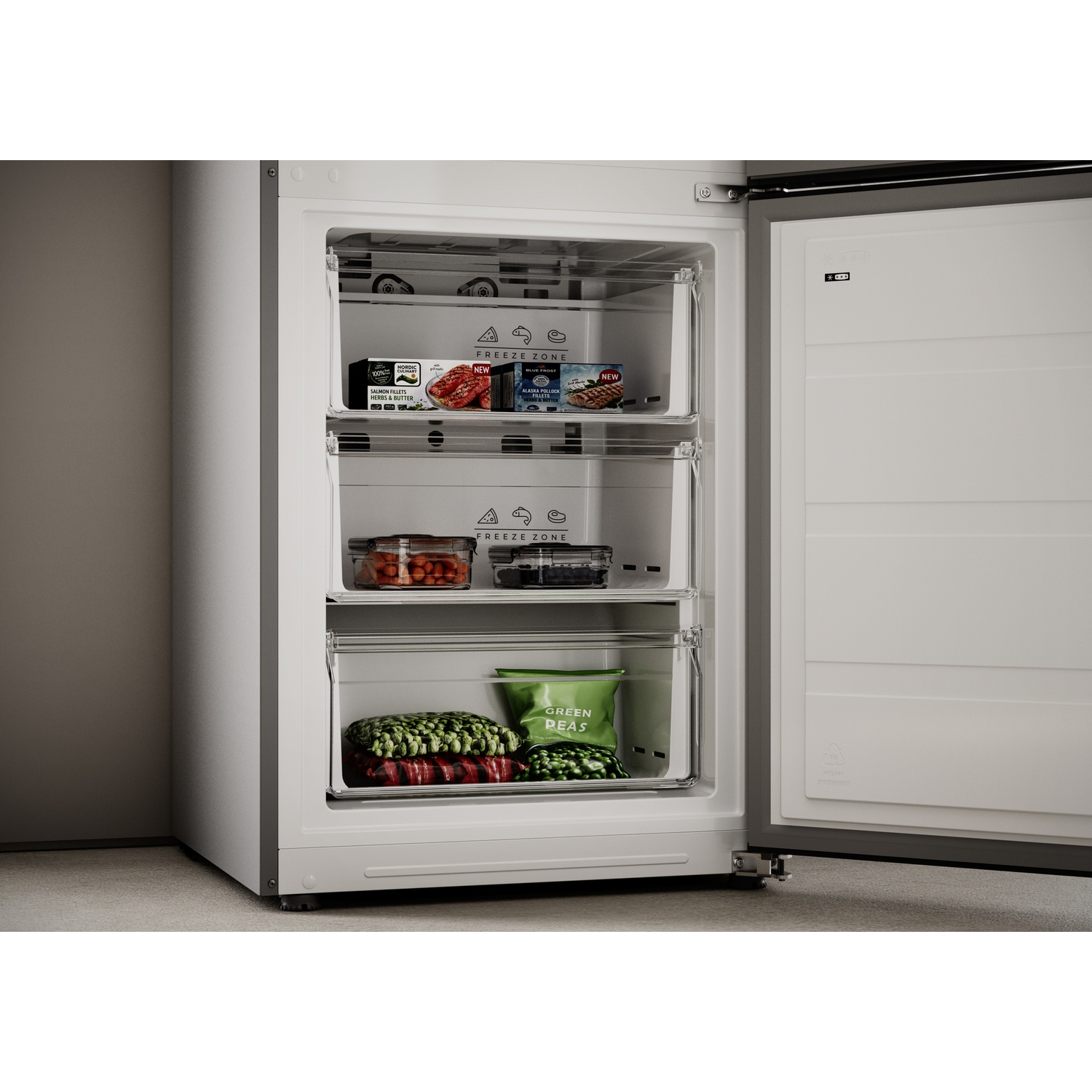 Open freezer with three drawers containing fish, berries, and peas.