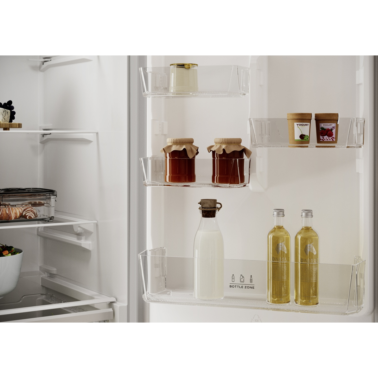 Refrigerator interior with glass shelves holding jars of preserves, yogurt cups, and bottles.
