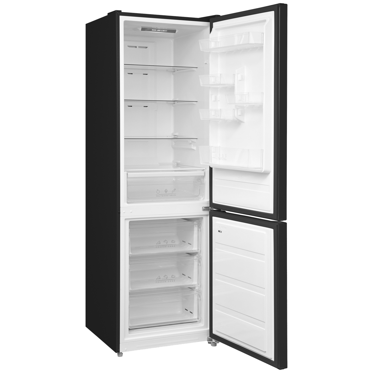 Réfrigérateur noir portes ouvertes, intérieur vide avec étagères transparentes.