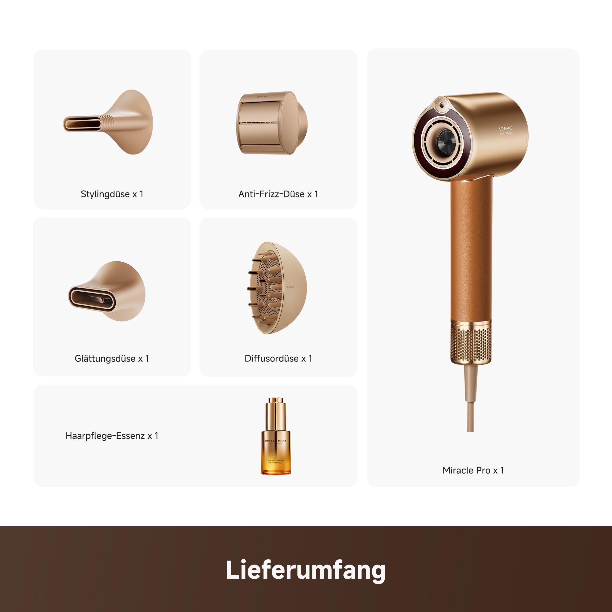 Goldener Haartrockner mit Aufsätzen: Stylingdüse, Anti-Frizz-Düse, Glättungsdüse, Diffusor, Essenz.