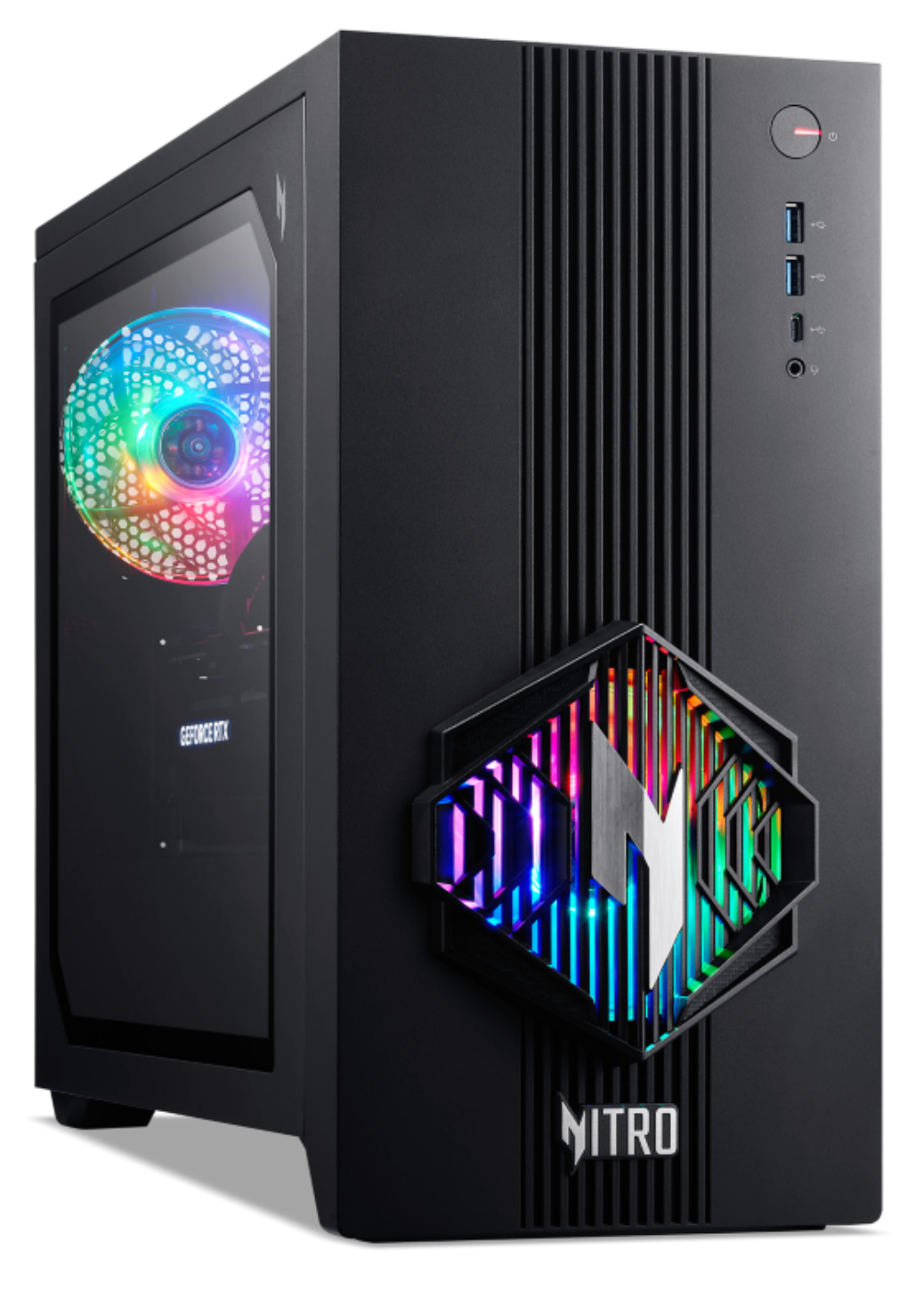 PC gamer negro con iluminación RGB en ventiladores y panel frontal.