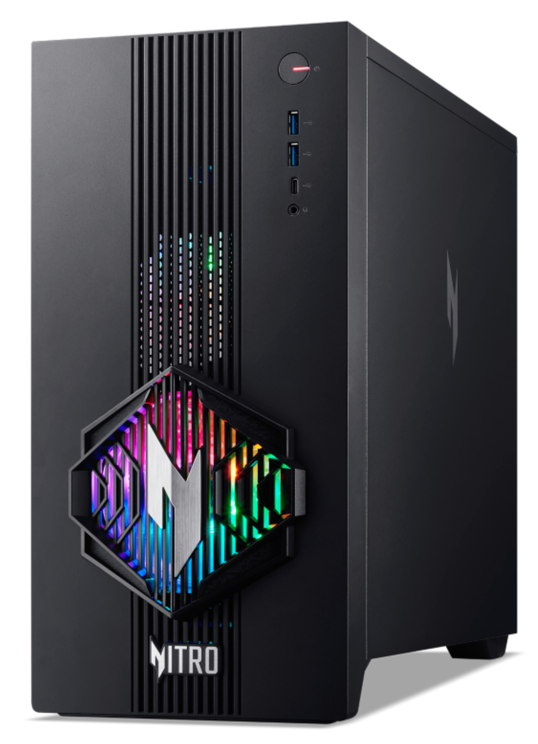 PC gaming negro con logo iluminado y ventiladores RGB.